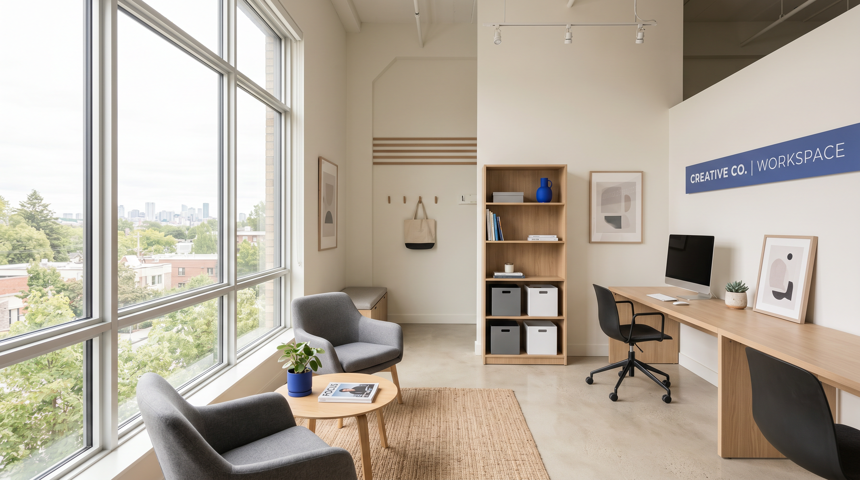 A bright, modern workspace with large windows and a city view