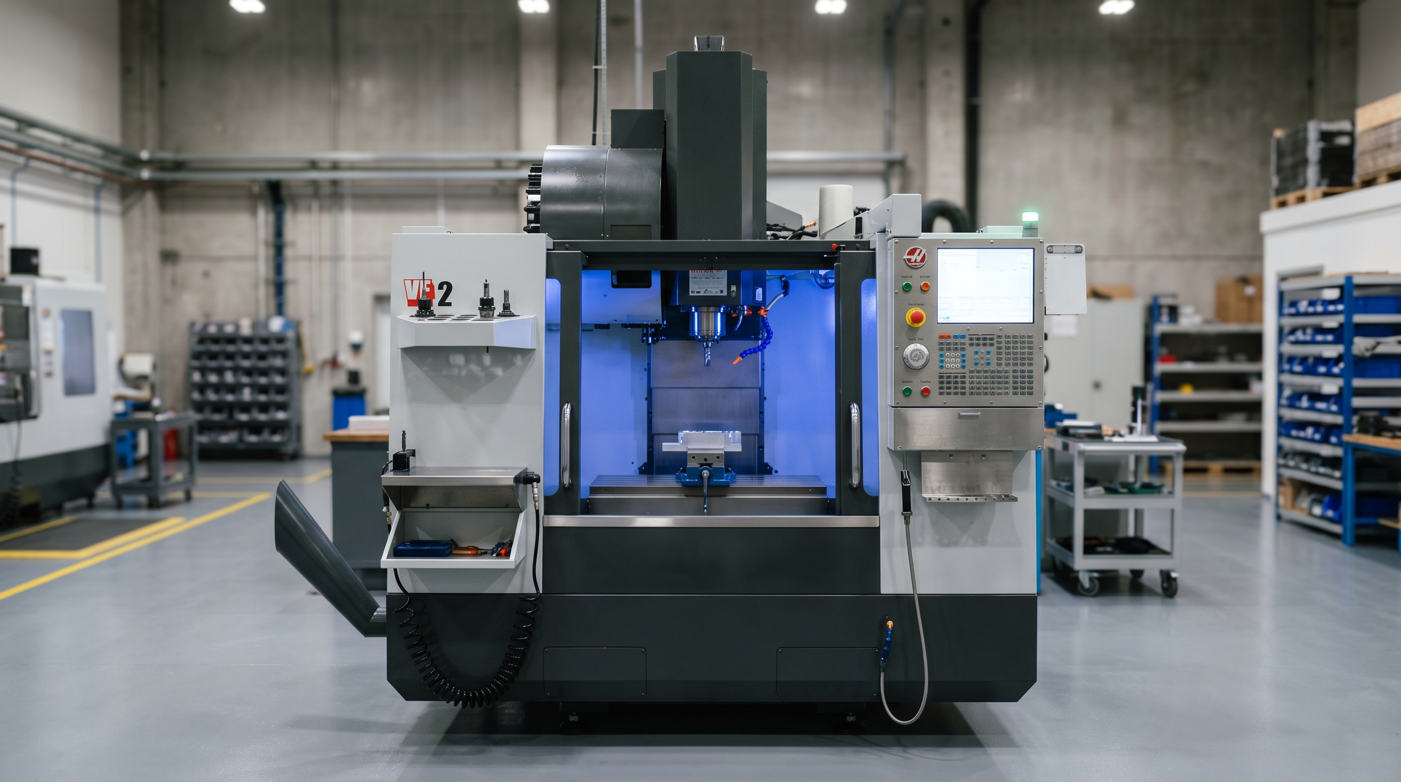 CNC machine on a factory floor lit with blue industrial lighting