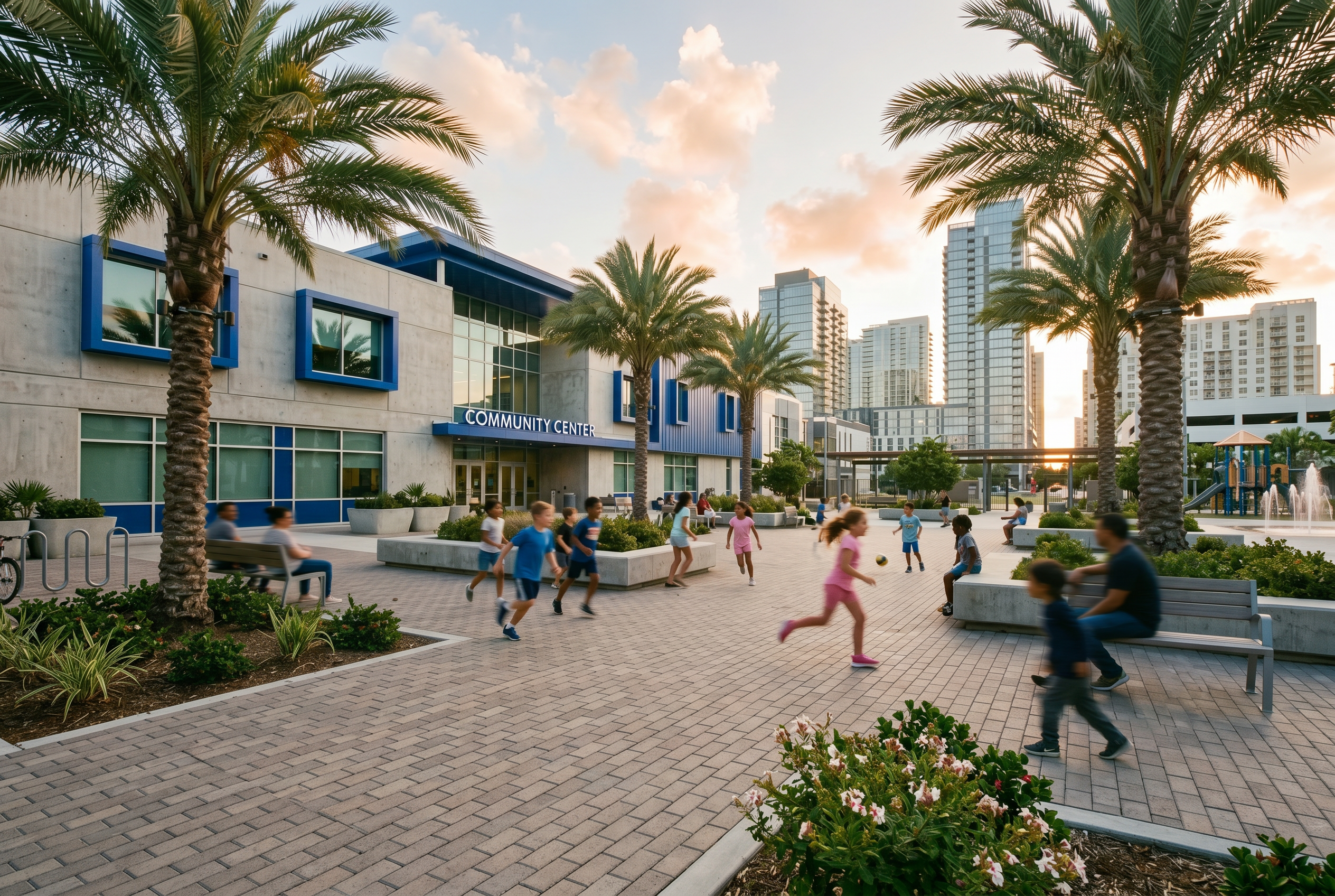 Youth community center in Phoenix with kids playing outside, palm trees, and city skyline