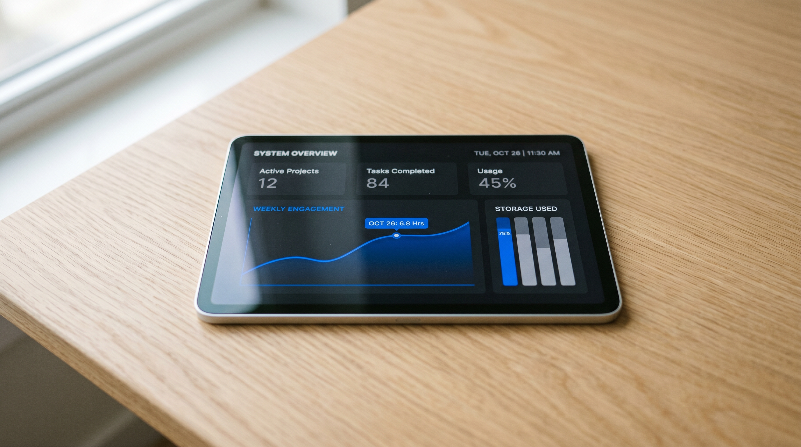 Tablet on a wooden desk showing a system overview dashboard with metrics