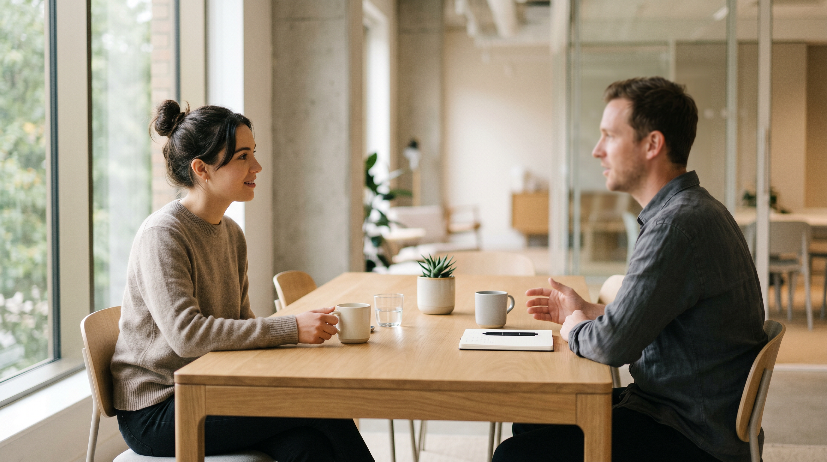 Two people in a focused conversation across a table in a light-filled office